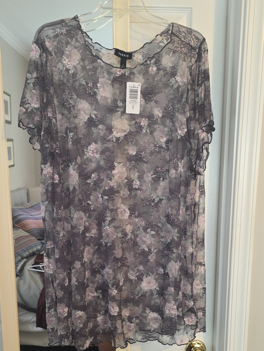 torrid Sheer Floral Mesh Tunic in Gray and Pink